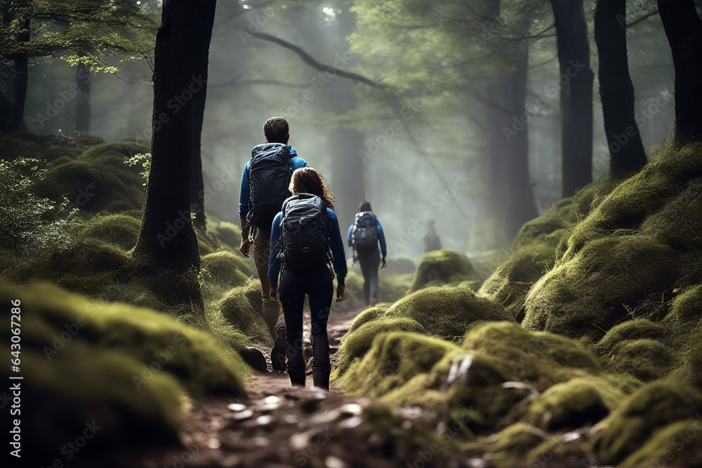   On Nature Trail - Hikers Walking Through Forest, created with Generative AI technology
