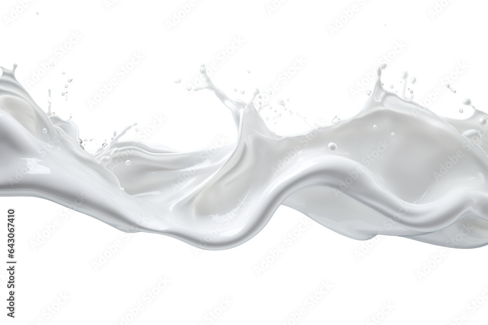 Realistic white milk wave splash, spill with drops isolated on PNG - obrazy, fototapety, plakaty 