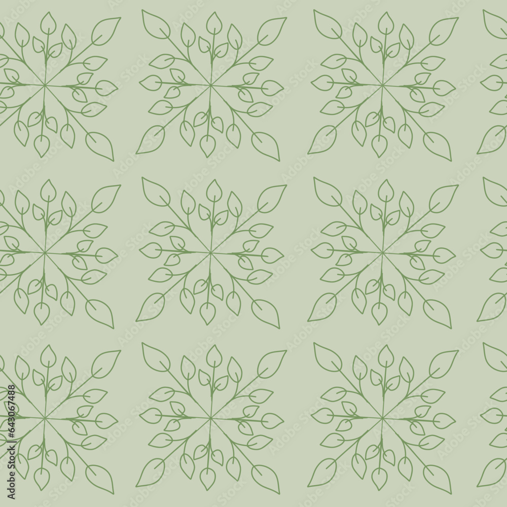 Vector Seamless Repeat Pattern Design Created with Wheel-Shapes of Green Line Art Leaves Forming Vertical and Horizontal Stripes on a Green Background