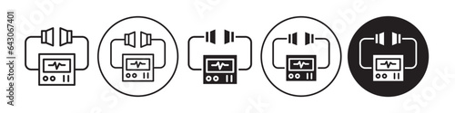 defibrillator icon. Heart attack patient treatment with electric shock defibrillation cardiac arrest symbol. Vector set of medical aid cpr or aed instrument machine. Flat outline of rescue help device