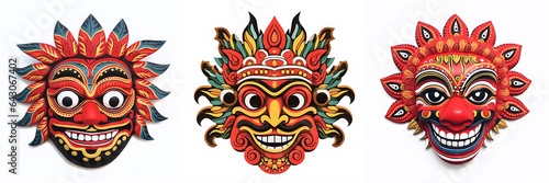 Vibrant Balinese and Indian Fusion: Expressive Cartoon Masks with Traditional Motifs on a Clean White Canvas