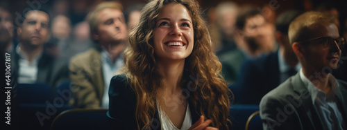 Young Female Sitting in a Crowded Audience at a Conference and Applauding After Speech.
