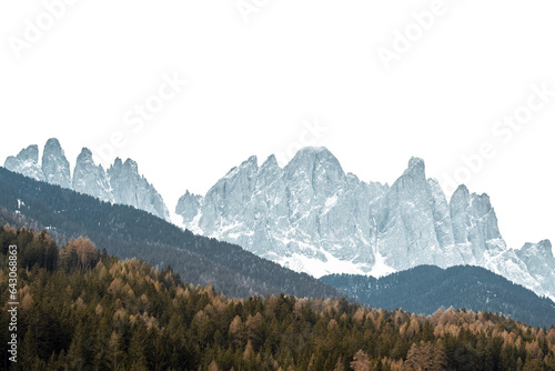 Mountain isolated on white background. Dolomites in the alps clip path isolated. Breathtaking Backdrop of the Dolomite Alps in Italy, Europe