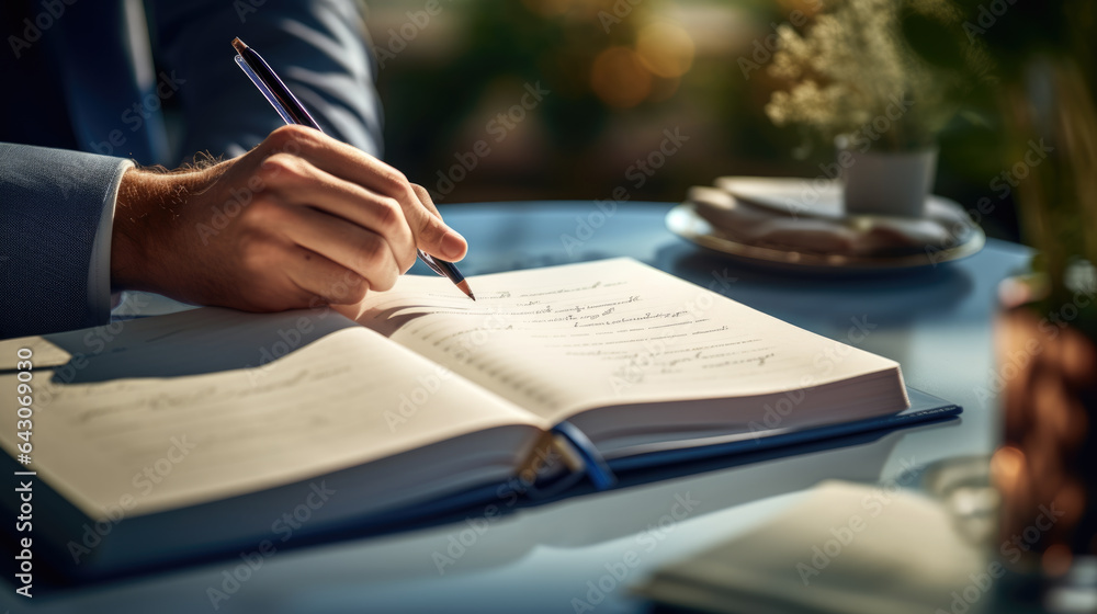 Businessman is taking notes in notebook Businessman is taking notes in notebook