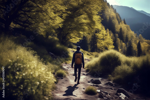 On Nature Trail - Lone Hiker Walking on Trail Between Mountains, created with Generative AI technology