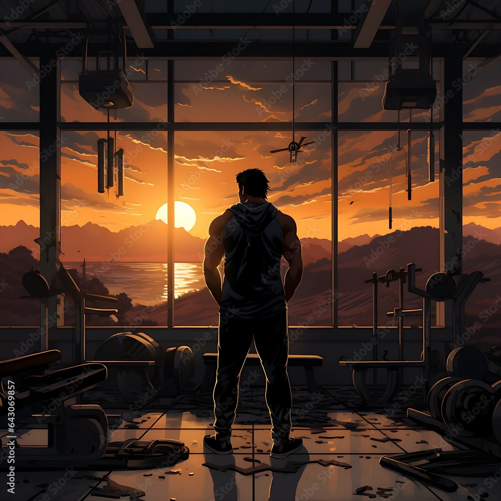 silhouette of a person in the sunset in a gym silhouette of a person in the sunset in a gym