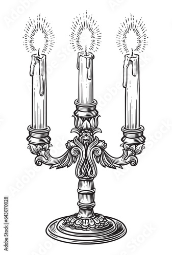 Vintage candelabrum with candles burning. Candlestick sketch engraving style vector illustration