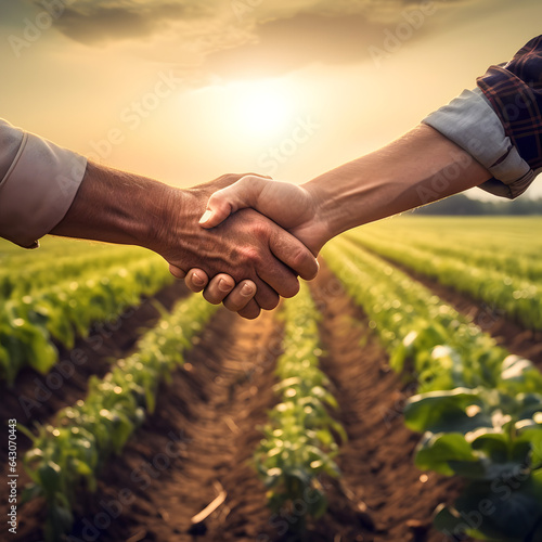 Hand shake between farmers indicating an agreement and business deal. A concept of an agricultural business deal and partnership. Generative ai.  photo