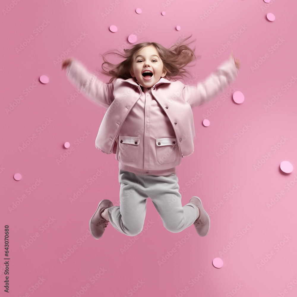 Portrait of cheerful positive girl jumping in the air with raised arm looking at camera isolated on pink background. Funny child girl jumping on a colored pink background. Generative AI. Portrait of cheerful positive girl jumping in the air with raised arm looking at camera isolated on pink background. Funny child girl jumping on a colored pink background. Generative AI.