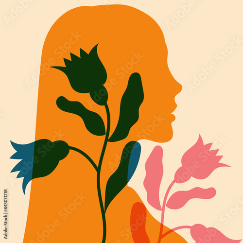 Female silhouette in profile. Vector illustration in a minimalist style  with Riso print effect.Print, logo, poster templates, tattoo idea, advertising, fabric print