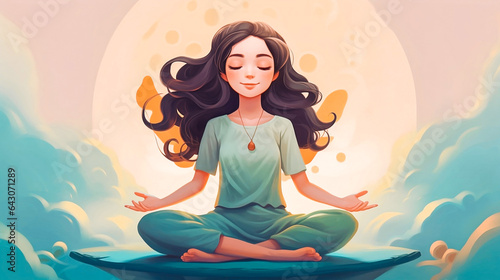 Woman meditating, illustration for yoga, meditation, relax, recreation, healthy lifestyle. 2d cartoon style, generative ai