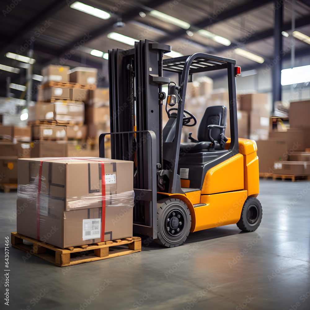 Forklift in warehouse moving boxes and pallets. A concept of factory warehousing and business shipping. Generative ai. 