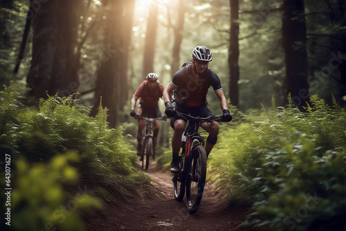 On Nature Trail - Mountain Bike Riders Through Forest, created with Generative AI technology