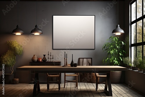 Poster frame mockup in minimalist modern living room interior background, 3D render