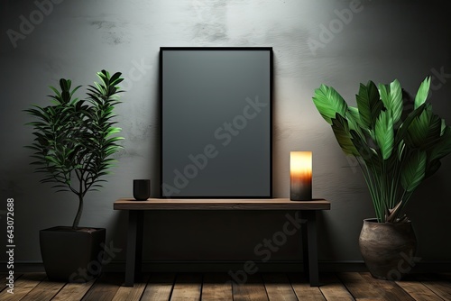 Poster frame mockup in minimalist modern living room interior background, 3D render