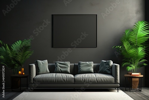 Poster frame mockup in minimalist modern living room interior background, 3D render