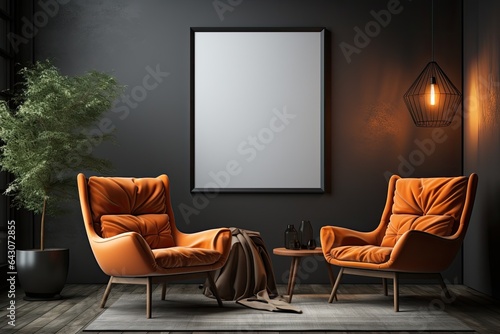 Poster frame mockup in minimalist modern living room interior background, 3D render
