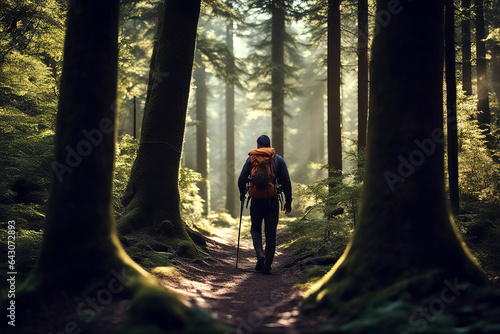 On Nature Trail - Lone Hiker Walking Through Forest, created with Generative AI technology