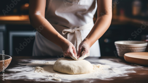 Woman is in the kitchen making pizza dough or bread dough.