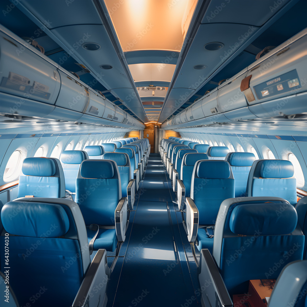 Interior of a commercial airliner. A passenger airplane concept that represents travel and vacation. Generative ai. Interior of a commercial airliner. A passenger airplane concept that represents travel and vacation. Generative ai.