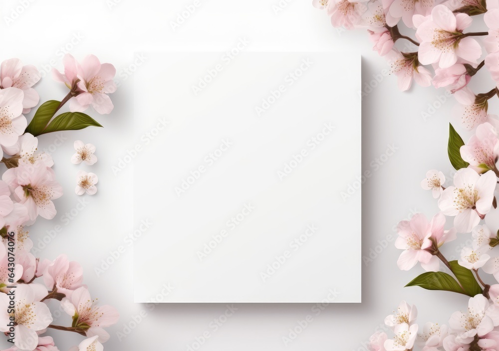 Obraz premium Composition with flowers and blank paper on a beige background. Greetind card mockup. AI Generative.