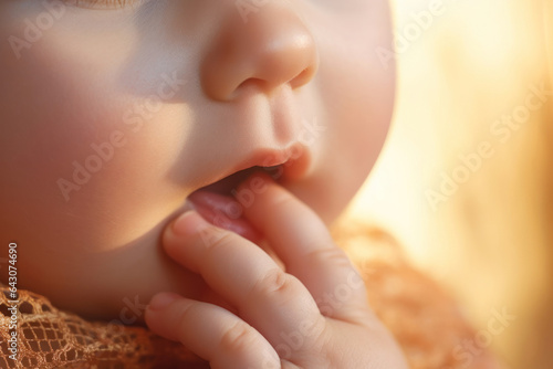 Close-up of a child’s face. Cute newborn baby put hand up to the mouth, holding finger in mouth. Macro of a kid's lips. Baby cheeks, fingers, nose. Orange and yellow blurred background, sunny range.