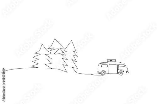 caravan suv travel trip nature pine trees lifestyle line art design