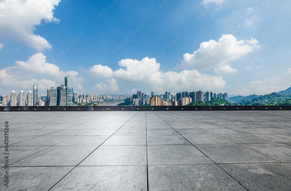City square and skyline with modern buildings in Chongqing, Sichuan Province, China. High Angle view.