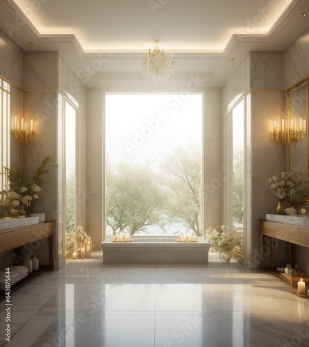 A room with a luxurious bathtub and a view of the mountains outside.Generative AI
