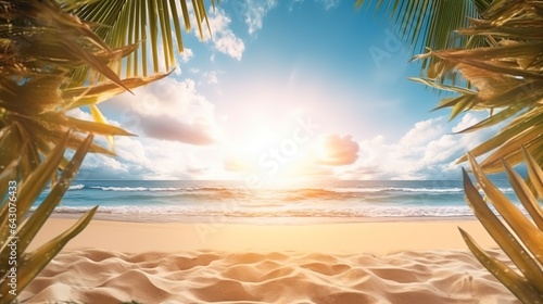 Summer background with nature of tropical golden beach with rays of sun light and leaf palm. Golden sand beach close-up, sea water, blue sky, white clouds. Copy space, summer vacation concept.