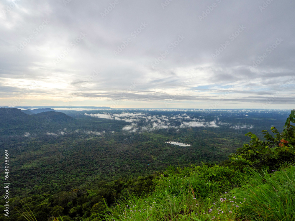 High angle view from the mountain top at the forest land cloud and pond.