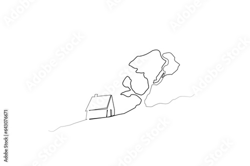 house nature peak slope chalet wooden and big tree life in the forest line art design