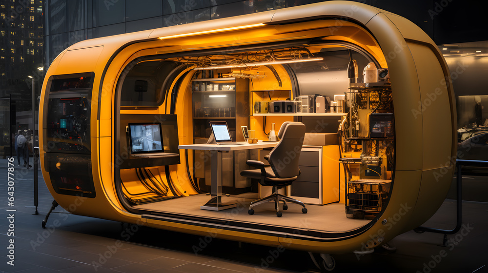there is a small office in a tiny yellow pod Generative AI