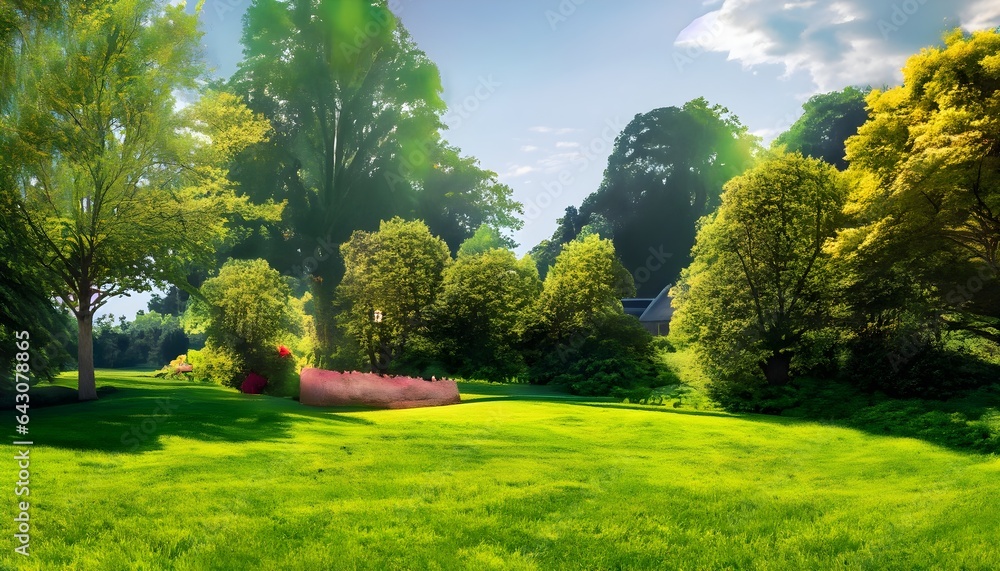 the essence of a beautiful country landscape with a wide format image of a manicured lawn surrounded by lush trees and shrubs on a radiant summer day