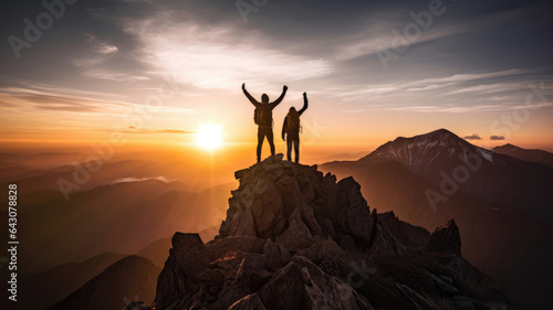 Two tourists with arms up on the top of the mountain - Hikers on the cliff raising hands to the sky. © MP Studio