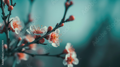 Beautiful floral spring abstract background of nature. Branches of blossoming apricot macro with soft focus on gentle light blue sky background. For easter and spring greeting cards with copy space.