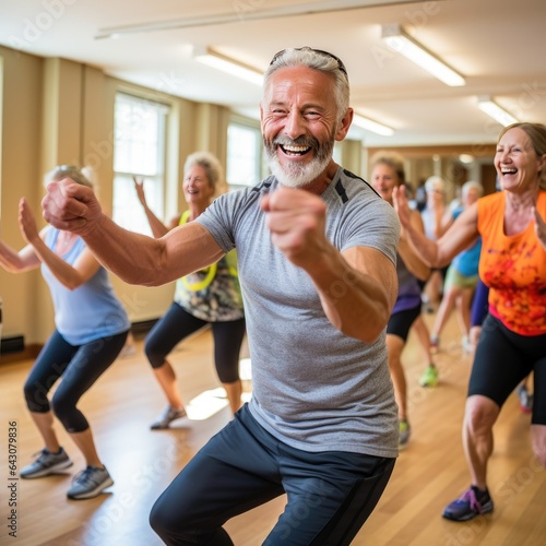 Multiracial group of senior people in sportswear doing strength building fitness exercises with happy and smiling at camera. AI Generative.