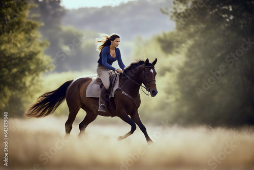 On Nature Trail - Girl On Horseback Over Open Field, created with Generative AI technology