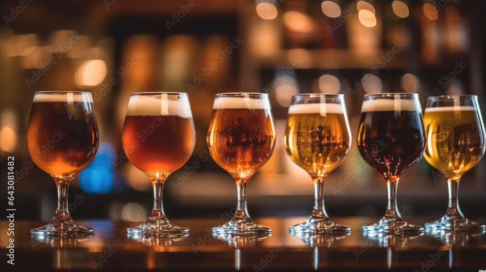 A lot of glasses of chilled different sort of beer on bar at nightclub. A lot of glasses of chilled different sort of beer on bar at nightclub.