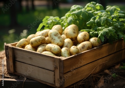 Young farmer with freshly picked Potatoes in basket. Hand holding wooden box with vegetables in field. Fresh Organic Vegetable. AI Generative.