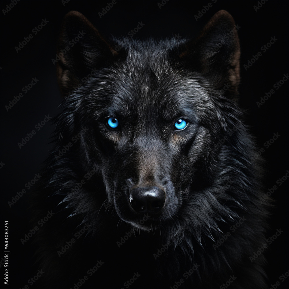 BLACK WOLF WITH  BLUE EYES, BLACK BACKGROUND.