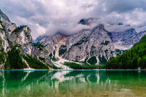 Pragser Wildsee and Majestic Mountain Range in South Tyrol  Italy - Landscape Beauty