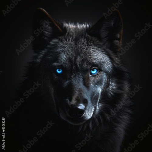 BLACK WOLF WITH BLUE EYES, BLACK BACKGROUND.