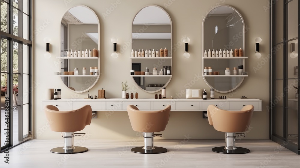 Beige salon interior with chairs in row and cosmetics on shelf, Mirrors, Hairdressing and beauty salon. - obrazy, fototapety, plakaty 