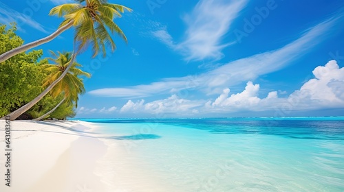 Beautiful natural tropical landscape, beach with white sand and Palm tree leaned over calm wave. Turquoise ocean on background blue sky with clouds on sunny summer day.