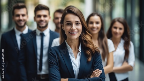 Business people standing in a row formal cloth smile confident and cheerful in modern office background.