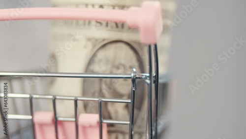 Putting one american dollars in a miniature shopping cart photo
