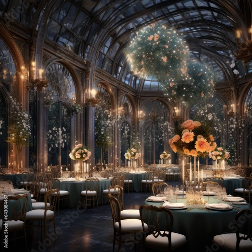 the grand dining hall. wedding reception. Dinning Hall with tables seats. AI Generative.