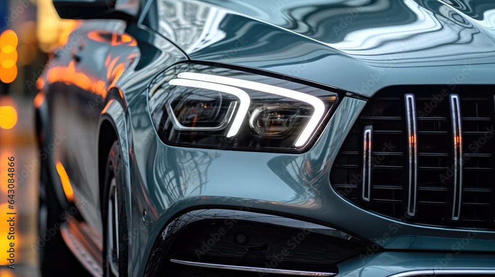 Car headlights, Close up of detail light on new car, Exterior detail. Car headlights, Close up of detail light on new car, Exterior detail.