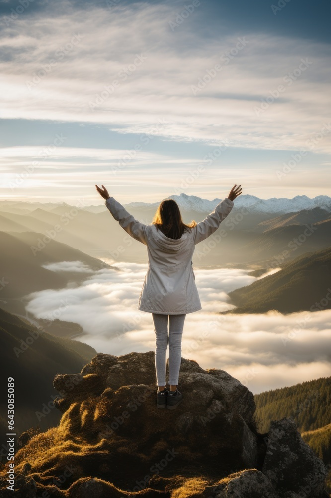 Endless Sky Dawn Mockup with Female Model on Mountain Peak in White Hoodie Endless Sky Dawn Mockup with Female Model on Mountain Peak in White Hoodie